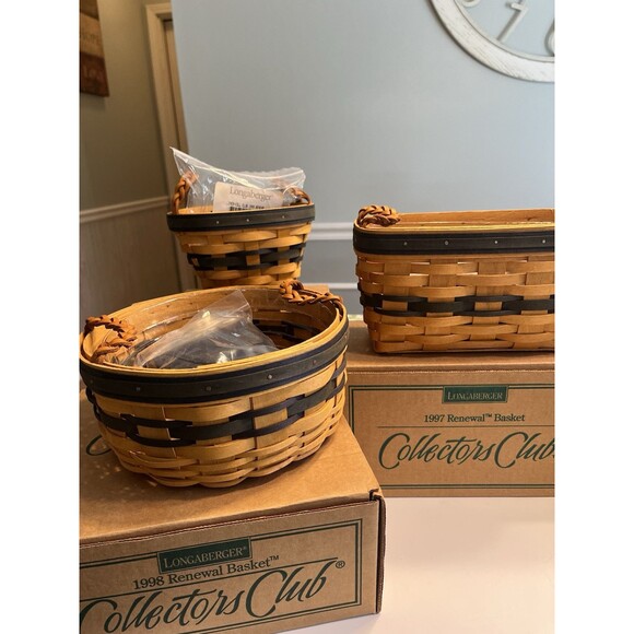 3 Longaberger Blue Woven Braided Leather Handles Renewal Baskets Liner Protector